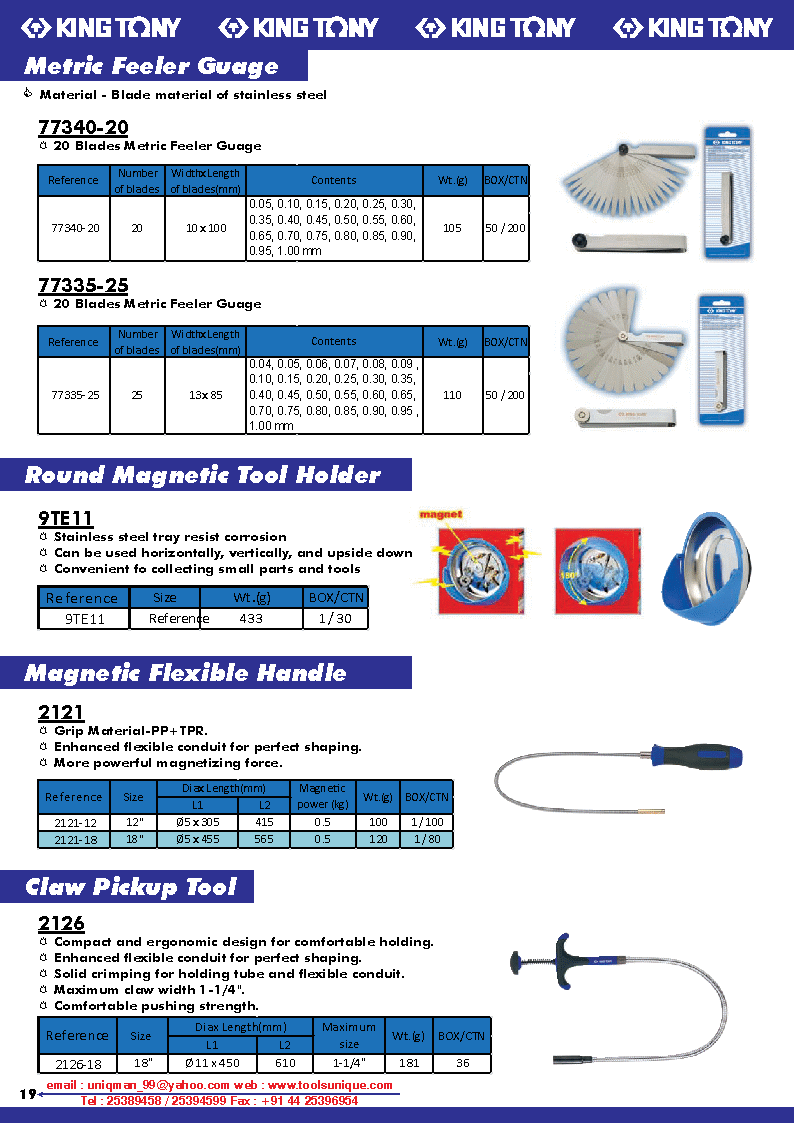 KING TONY METRIC FEELER GAUGE, ROUND MAGNETIC TOOL HOLDER, MAGNETIC FLEXIBLE HANDLE, CLAW PICKUP TOOL