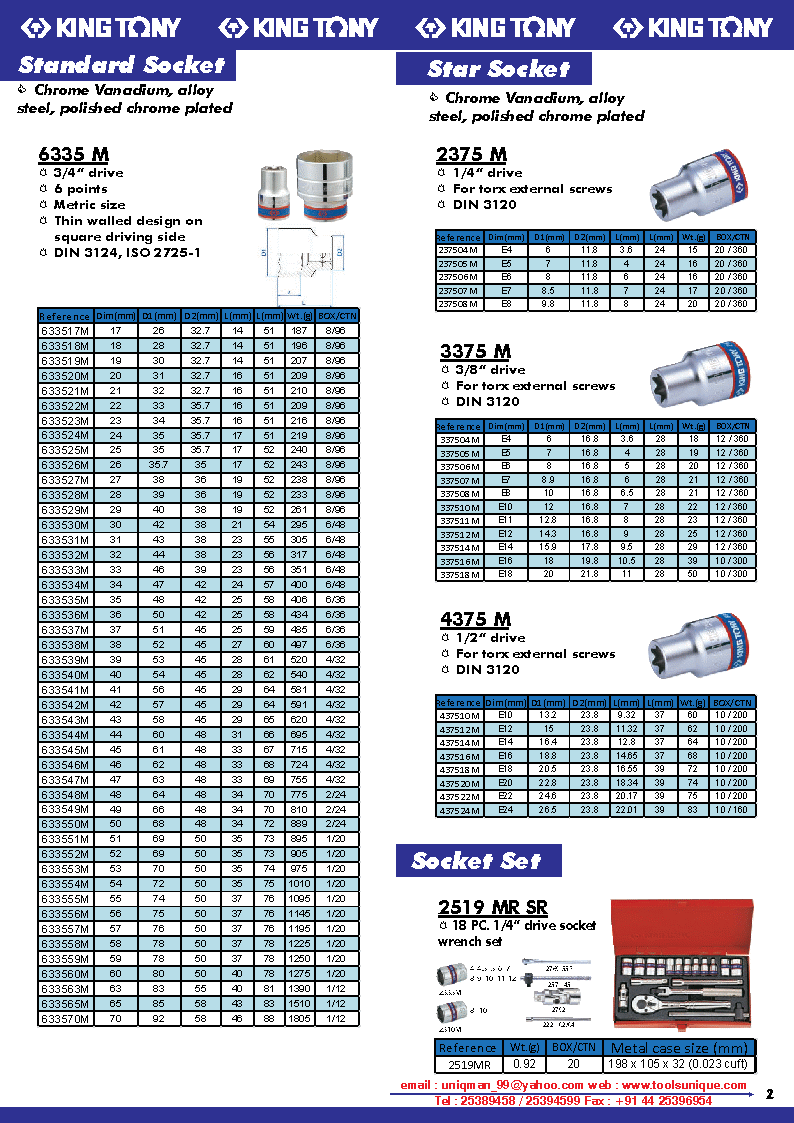 KING TONY STANDARD SOCKET, STAR SOCKET, SOCKET SET