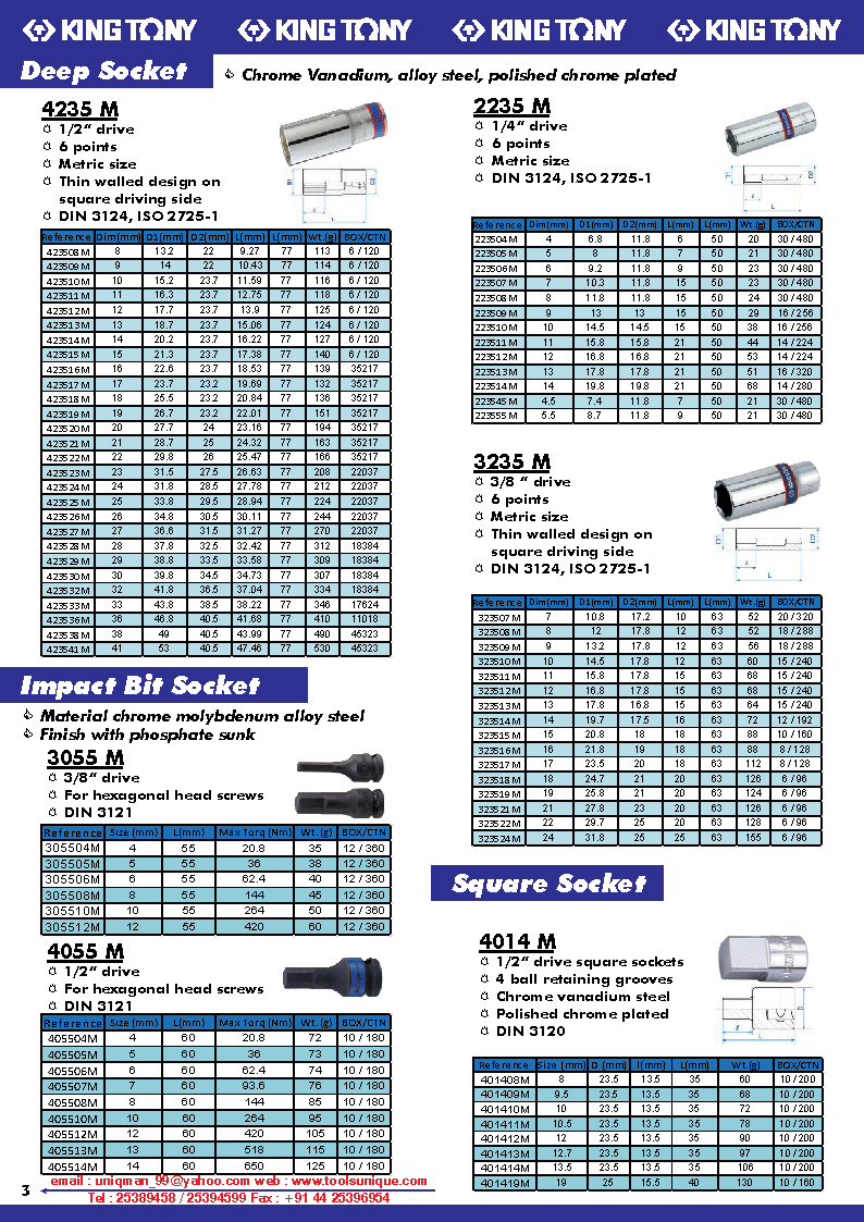 KING TONY DEEP SOCKET, IMPACT BIT SOCKET, SQUARE SOCKET